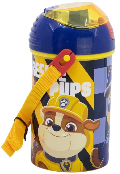 Plastová láhev na pití s brčkem, víčkem a popruhem Tlapková patrola - Paw Patrol - motiv Rescue Pups - 450 ml