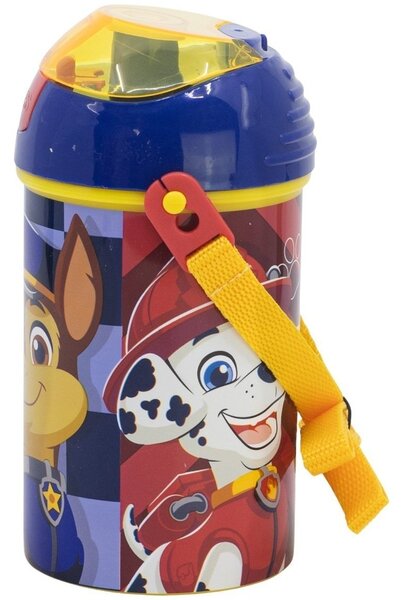 Plastová láhev na pití s brčkem, víčkem a popruhem Tlapková patrola - Paw Patrol - motiv Rescue Pups - 450 ml