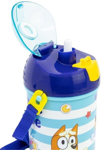 Plastová láhev na pití s brčkem, víčkem a popruhem Bluey - BPA Free - 450 ml
