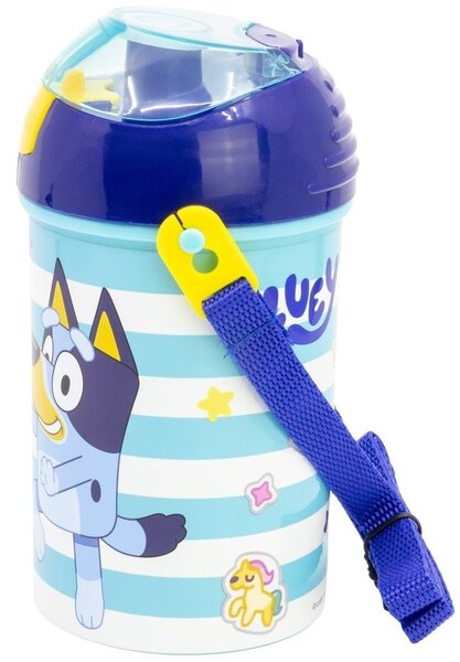 Plastová láhev na pití s brčkem, víčkem a popruhem Bluey - BPA Free - 450 ml