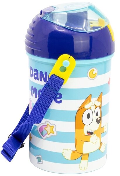 Plastová láhev na pití s brčkem, víčkem a popruhem Bluey - BPA Free - 450 ml