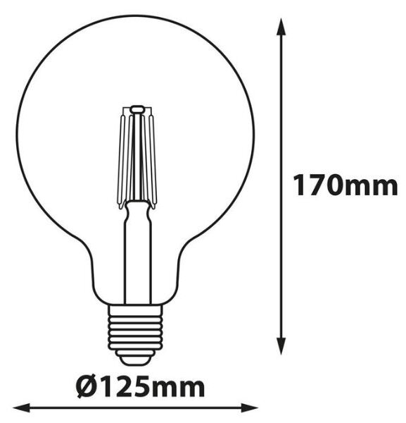 Velká retro LED žárovka E27 12W 1560lm denní, filament, G125, průměr 125mm, ekv. 102W