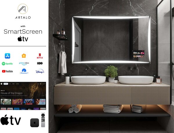 SMART Zrcadlo do koupelny s LED osvětlením M5 premium + SmartScreen with Apple TV