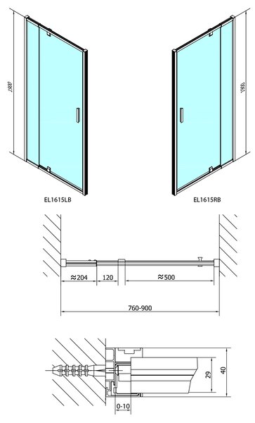 Polysan Polysan, EASY BLACK otočné sprchové dveře 760-900mm, čiré sklo, EL1615B