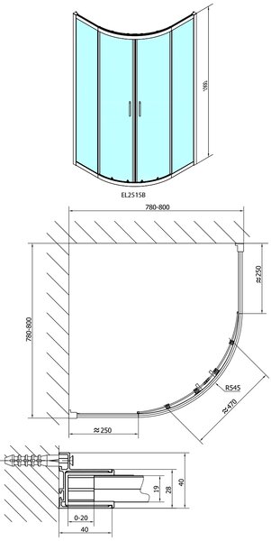 Polysan Polysan, EASY BLACK čtvrtkruhová sprchová zástěna 800x800mm, L/R, čiré sklo, EL2515B