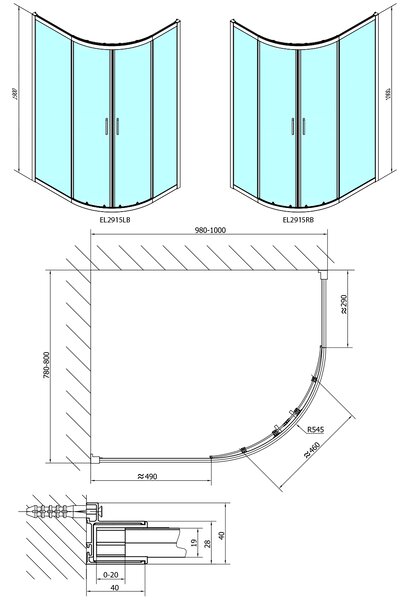 Polysan Polysan, EASY BLACK čtvrtkruhová sprchová zástěna 1000x800mm, L/R, čiré sklo, EL2915B