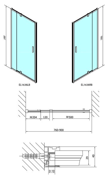 Polysan Polysan, EASY BLACK otočné sprchové dveře 760-900mm, sklo Brick, EL1638B