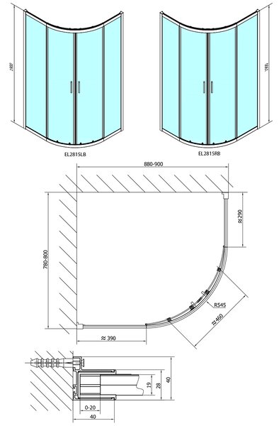 Polysan Polysan, EASY BLACK čtvrtkruhová sprchová zástěna 900x800mm, L/R, číré sklo, EL2815B