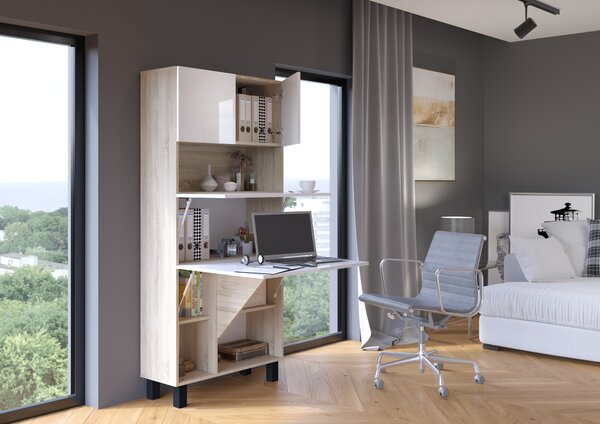 PC stolek Home (bílá lesklá + dub sonoma). Akce -6%