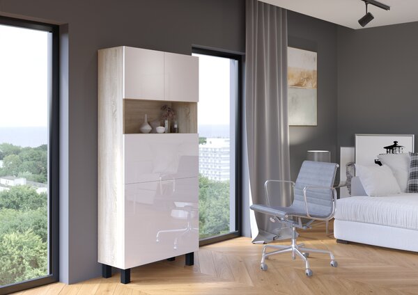 PC stolek Home (bílá lesklá + dub sonoma). Akce -6%