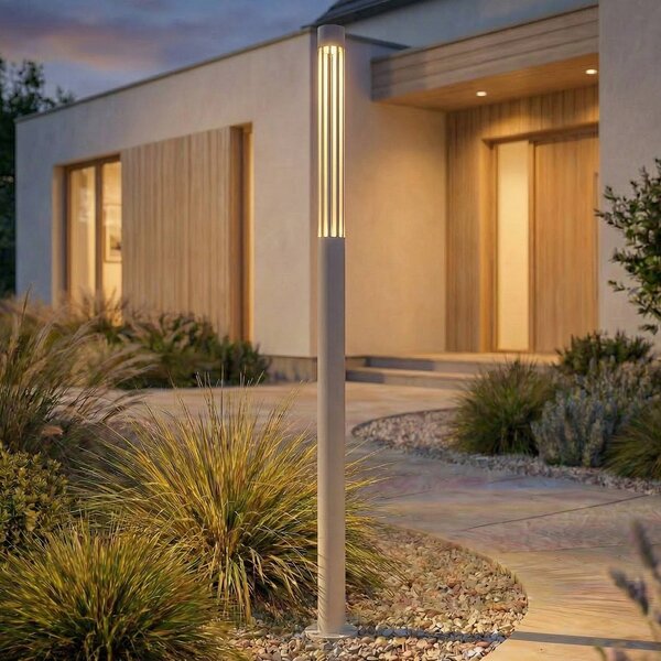 Lindby LED osvětlení cesty Fjorya, výška 90 cm, kamenně šedá, IP65, Hliník / šedá / zinek, Hliník, Moderní