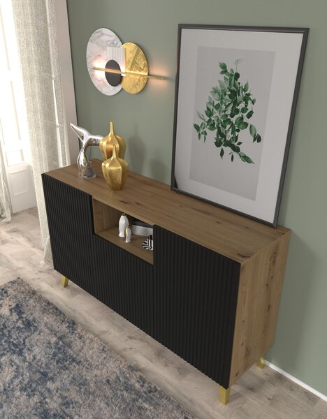 Komoda RAVENNA š 150 cm 2D1DM ARTISAN OAK / BLACK MATT se zlatými nožičkami Americký příborník MDF 3 dveře vysoká skříňka otevřené police bufet s frézovanými čely