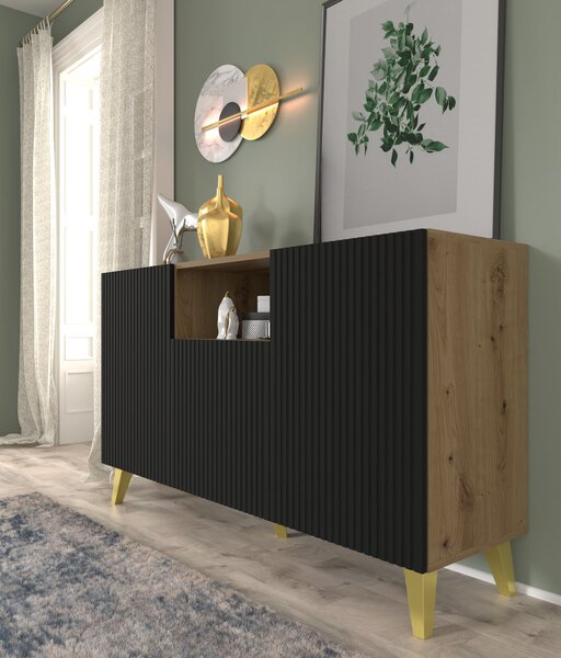 Komoda RAVENNA š 150 cm 2D1DM ARTISAN OAK / BLACK MATT se zlatými nožičkami Americký příborník MDF 3 dveře vysoká skříňka otevřené police bufet s frézovanými čely