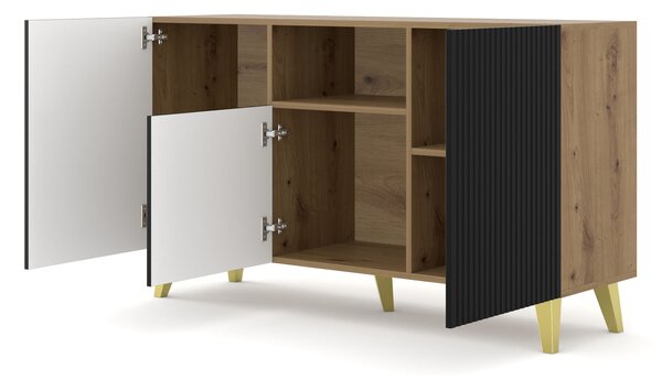 Komoda RAVENNA š 150 cm 2D1DM ARTISAN OAK / BLACK MATT se zlatými nožičkami Americký příborník MDF 3 dveře vysoká skříňka otevřené police bufet s frézovanými čely
