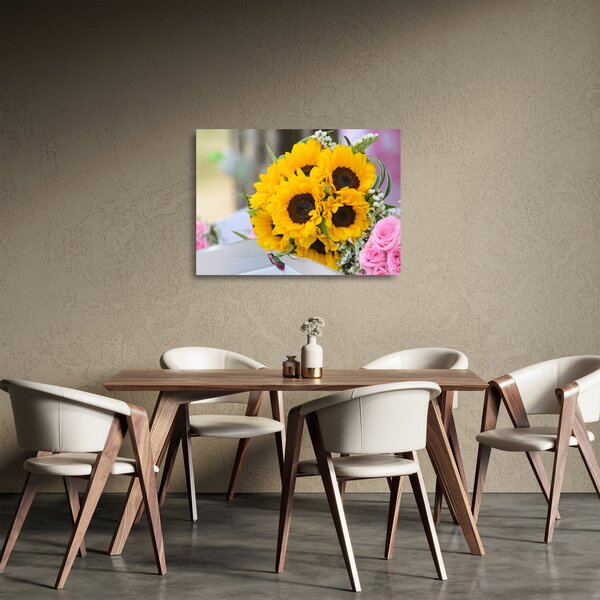 Skleněný obraz svatební kytice ze slunečnic (70x50 cm)