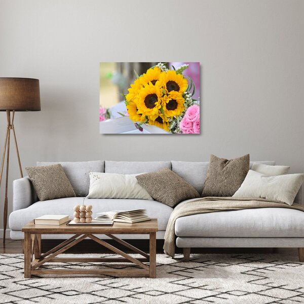 Skleněný obraz svatební kytice ze slunečnic (70x50 cm)