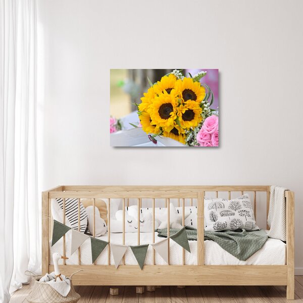 Skleněný obraz svatební kytice ze slunečnic (70x50 cm)