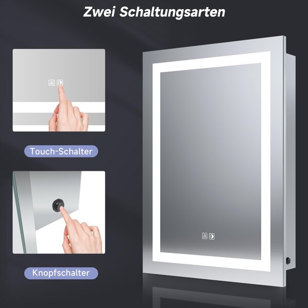 SONNI Zrcadlová skříňka s osvětlením, 50 x 70 cm, posuvné dveře, bezúchytová koupelnová zrcadlová skříňka s zásuvkou pro holení a 3 režimy spínání