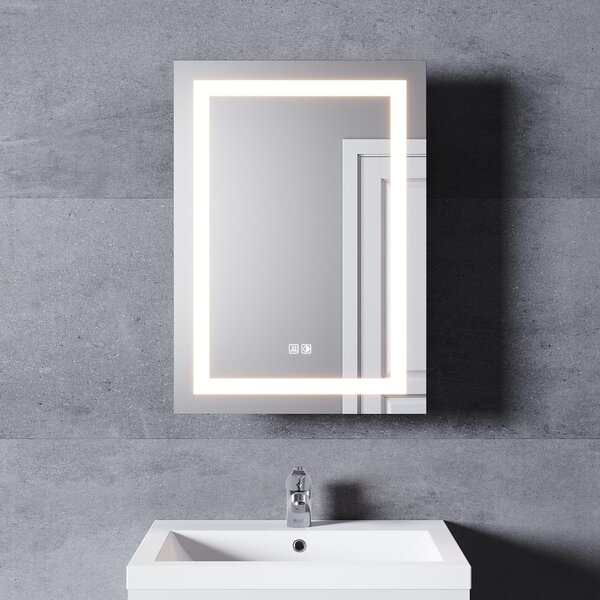 SONNI Zrcadlová skříňka s osvětlením, 50 x 70 cm, posuvné dveře, bezúchytová koupelnová zrcadlová skříňka s zásuvkou pro holení a 3 režimy spínání