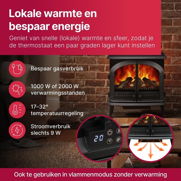 Elektrický krb - Elektrický krb třístranný - 2 kW - Ovládání přes aplikaci - Třístranný výhled, LED efekt plamene - Do místnosti, do výklenku nebo do otevřeného krbu