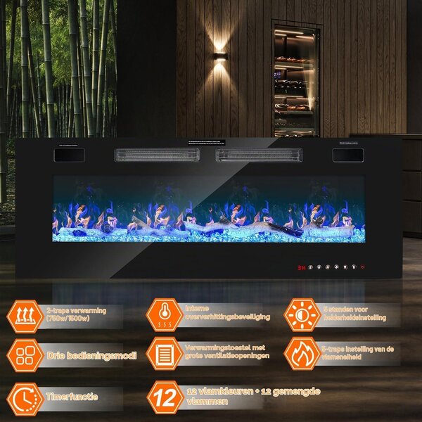 Elektrický nástěnný krb - 1500 W - 127 cm - 3D plamen - Krb s LED plamenem a 144 barevnými kombinacemi