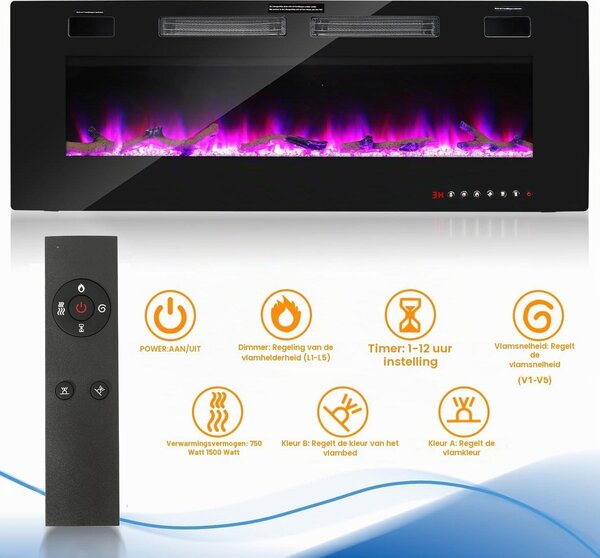 Elektrický nástěnný krb - 1500 W - 127 cm - 3D plamen - Krb s LED plamenem a 144 barevnými kombinacemi