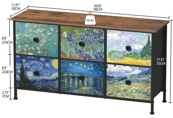 Komoda - Šest zásuvek - Látka - Vzor Van Gogh - 99 x 30 x 55 cm - Do ložnice, obývacího pokoje a chodby