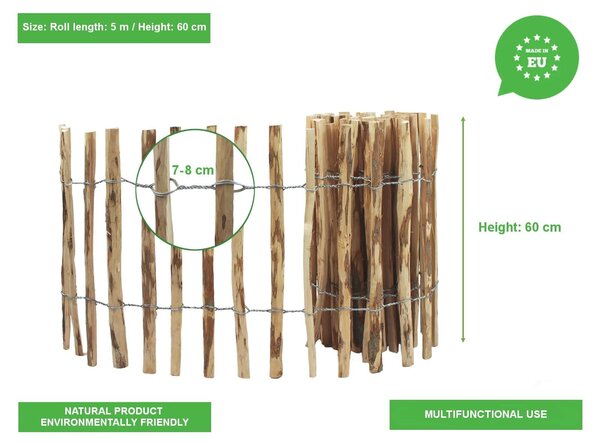 Ohrazení z lísky - Rolka 60 cm x 5 m - Přírodní zahradní plot - Rustikální okraj - Pozinkovaný drát