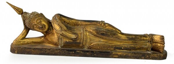 Narozeninový Buddha, úterý, teak, zlatá patina, 26cm