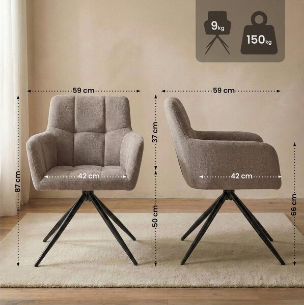 Jídelní židle - Otočná o 180 stupňů - Taupe s područkami - Látka - Sada 2 kusů - Zdvih 50 cm
