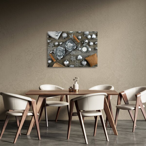 Skleněný obraz - stříbrné vánoční dekorace (70x50 cm)