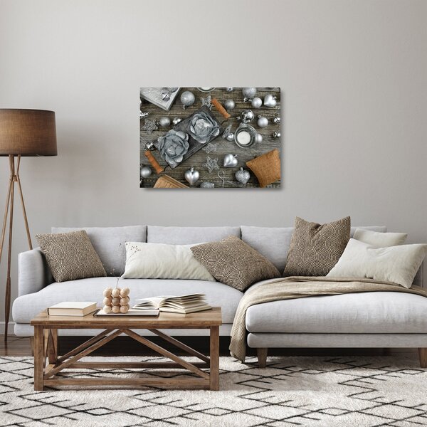 Skleněný obraz - stříbrné vánoční dekorace (70x50 cm)