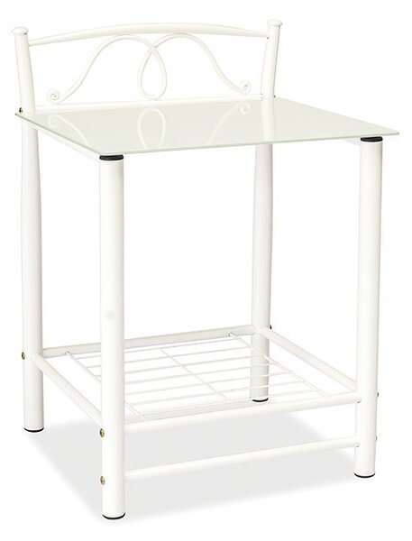 Noční stolek s mléčným sklem na bílé kovové konstrukci KN790