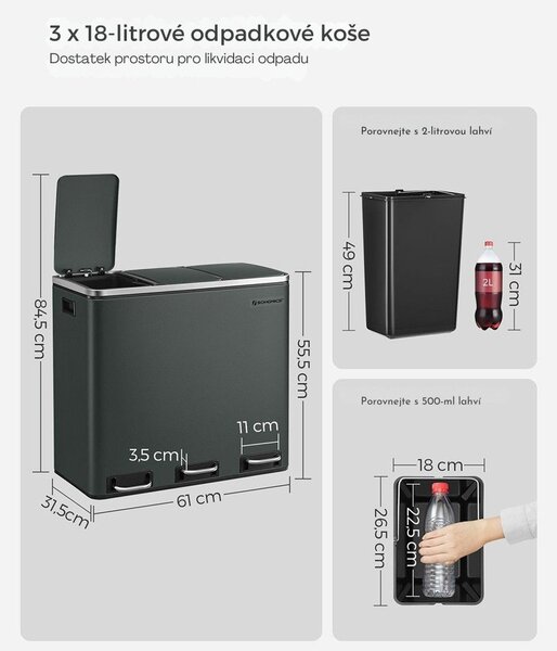 Koš na třídění odpadu SORT 54 l (3×18 l), antracitová/stříbrná SongmicsHome