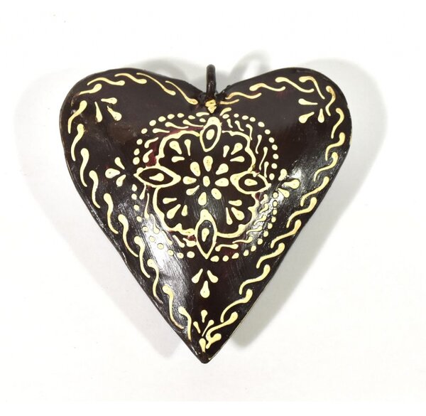 Závěsná dekorace - černé ručně malované srdce, kov, 10x3x10cm