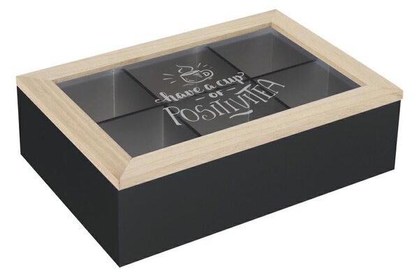 Dřevěný organizér na čaj Positive Black, 24x16,5x7 cm