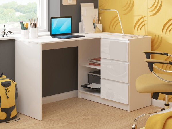 Ak furniture Rohový psací stůl B16 124 cm bílý/bílý lesk pravý