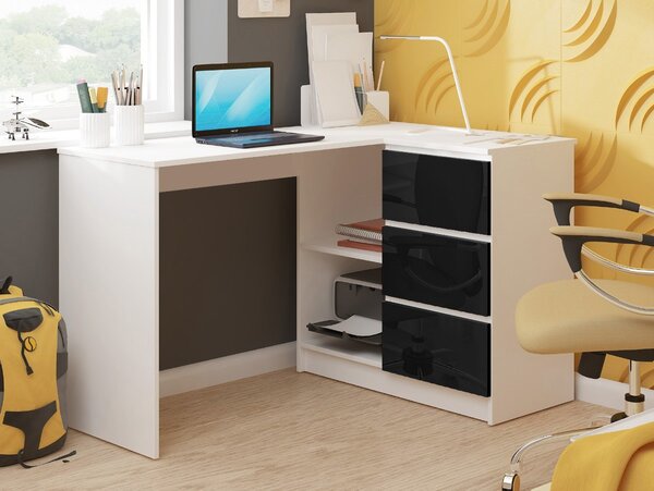 Ak furniture Rohový psací stůl B16 124 cm bílý/černý lesk pravý