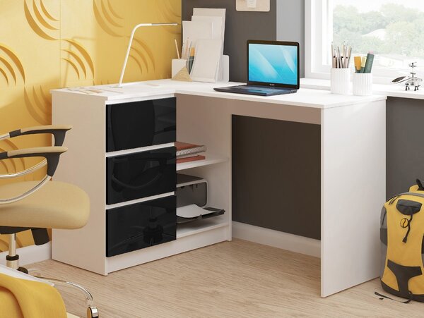 Ak furniture Rohový psací stůl B16 124 cm bílý/černý lesk levý