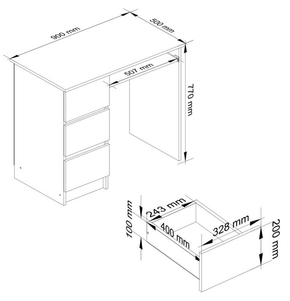 Ak furniture Psací stůl A-6 90 cm bílý levý