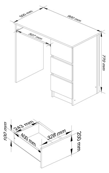 Ak furniture Psací stůl A-6 90 cm bílý pravý