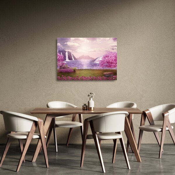 Skleněný obraz růžových stromů s jezerem (70x50 cm)