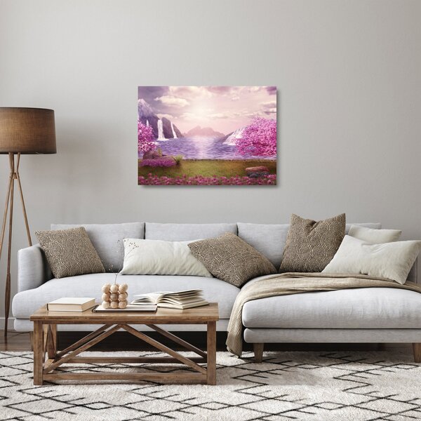 Skleněný obraz růžových stromů s jezerem (70x50 cm)