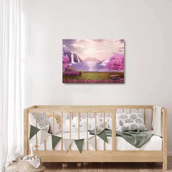 Skleněný obraz růžových stromů s jezerem (70x50 cm)