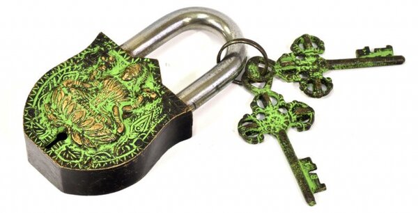 Visací zámek, Lakšmí, zelená mosaz, dva klíče ve tvaru dorje, 11cm