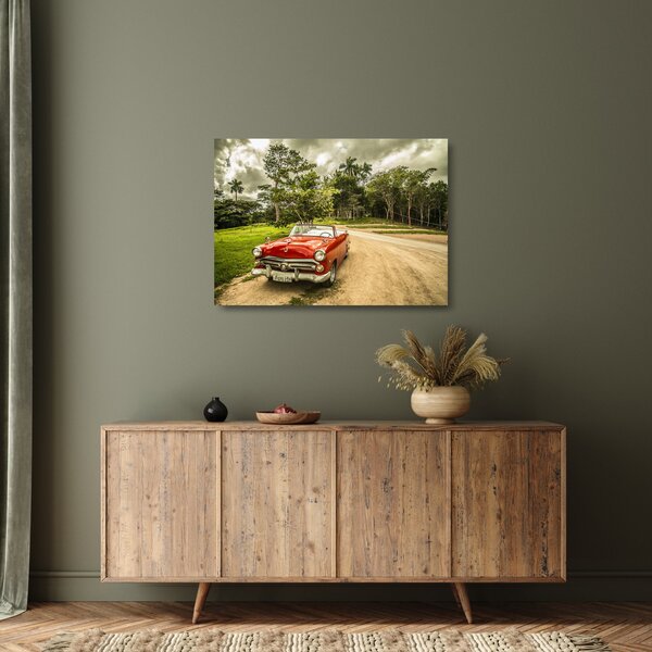 Skleněný obraz - auto veterán v přírodě (70x50 cm)