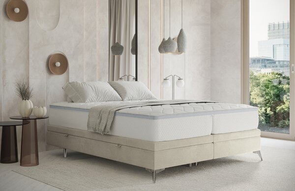 Maison de Rêve Světle béžová sametová dvoulůžková postel FIR 140 x 200 cm s úložným prostorem