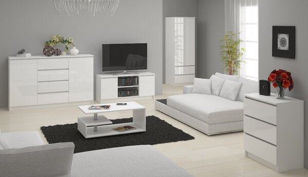 Ak furniture Komoda Kryštof 140 cm 2 skříňky a 4 šuplíky bílá lesk