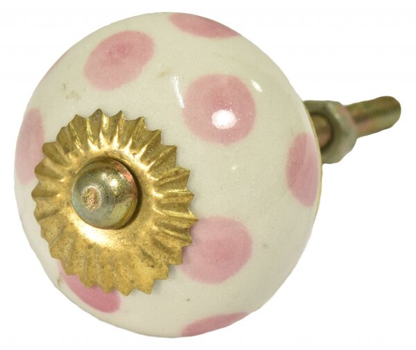 Malovaná porcelánová úchytka na šuplík, bílá s růžovými puntíky, průměr 3,7cm