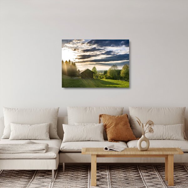 Skleněný obraz chaty na louce (70x50 cm)